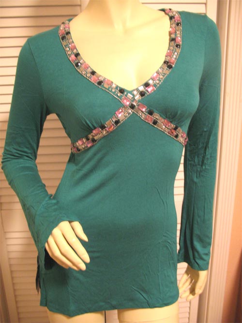 New Womens Jade Green Bell Long Sleeve V Neck Beads Jewelled Top