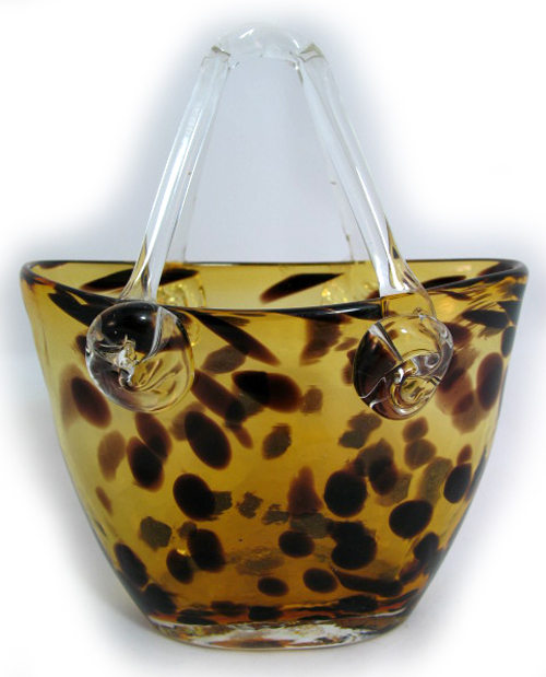 Gold GLASS LEOPARD ANIMAL PRINT BASKET VASE HANDBAG BAG  